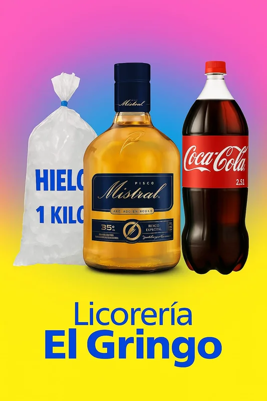 Pisco Mistral 35° 1 Litro + Coca Cola Desch 2.5 Litros + Hielo 1 Kilo