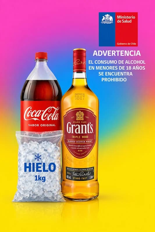 Grant’s Whisky + Coca Cola Desch 2.5 Litros + Hielo 1 Kilo